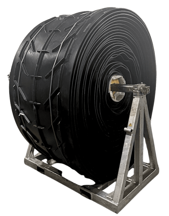 Heavy-duty rubber conveyor belt roll on frame